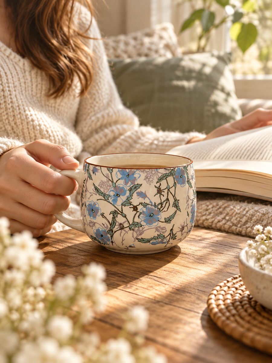 AI-generated editorial lifestyle image showing Saaj Bloom Mug beside an open book in a reading nook. community moment