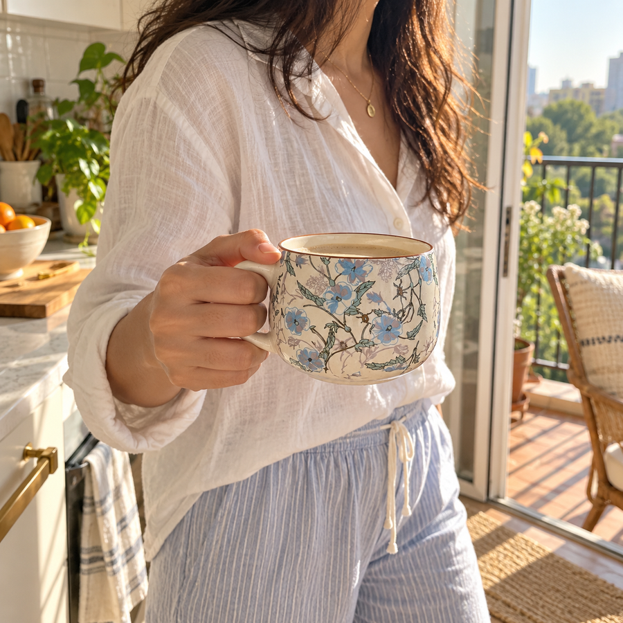 AI-generated editorial lifestyle image showing Bloom Mug on a sunlit balcony. community moment