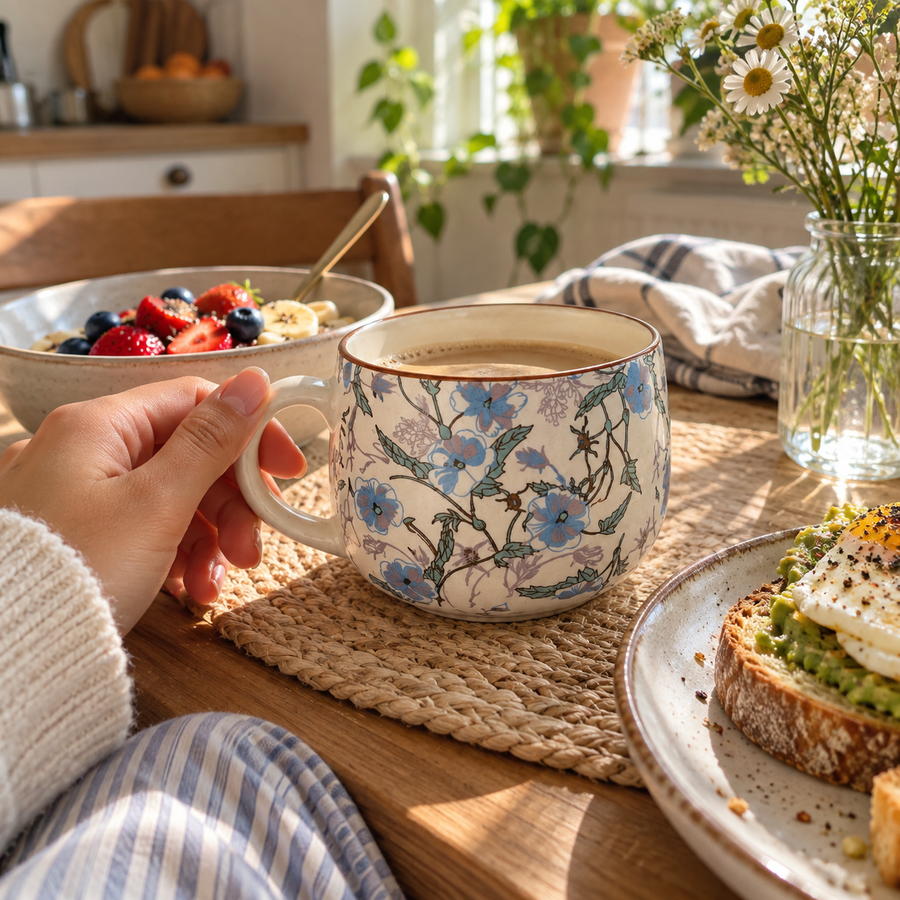 AI-generated editorial lifestyle image showing weekend breakfast with a Bloom Mug. community moment