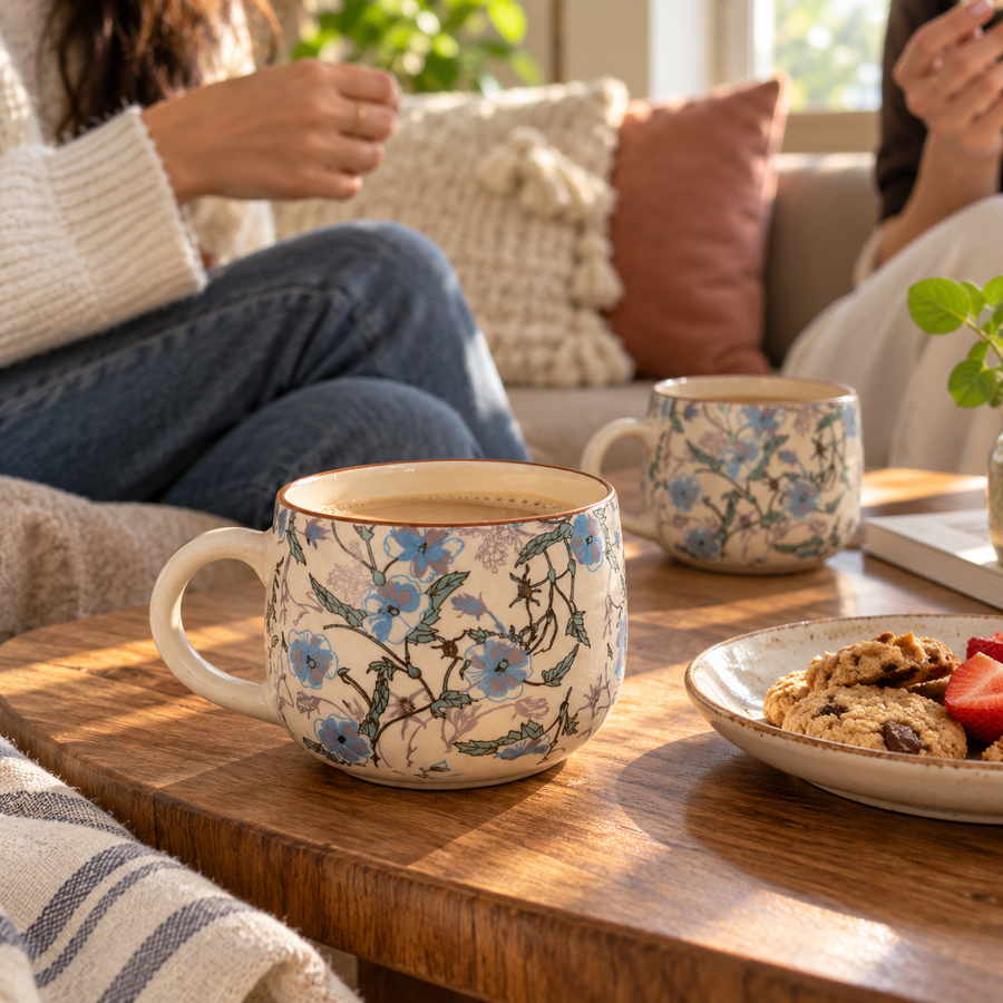 AI-generated editorial lifestyle image showing friends gathered around Bloom Mugs. community moment
