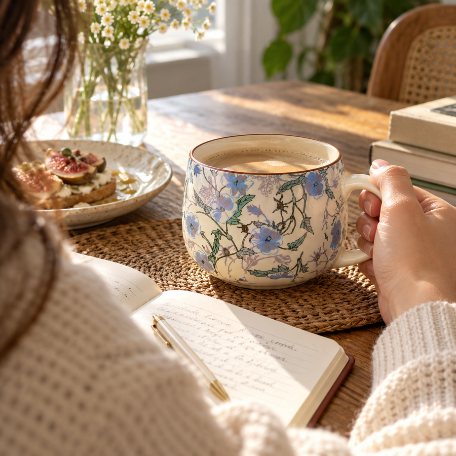 AI-generated editorial lifestyle image showing journaling beside a Bloom Mug. community moment