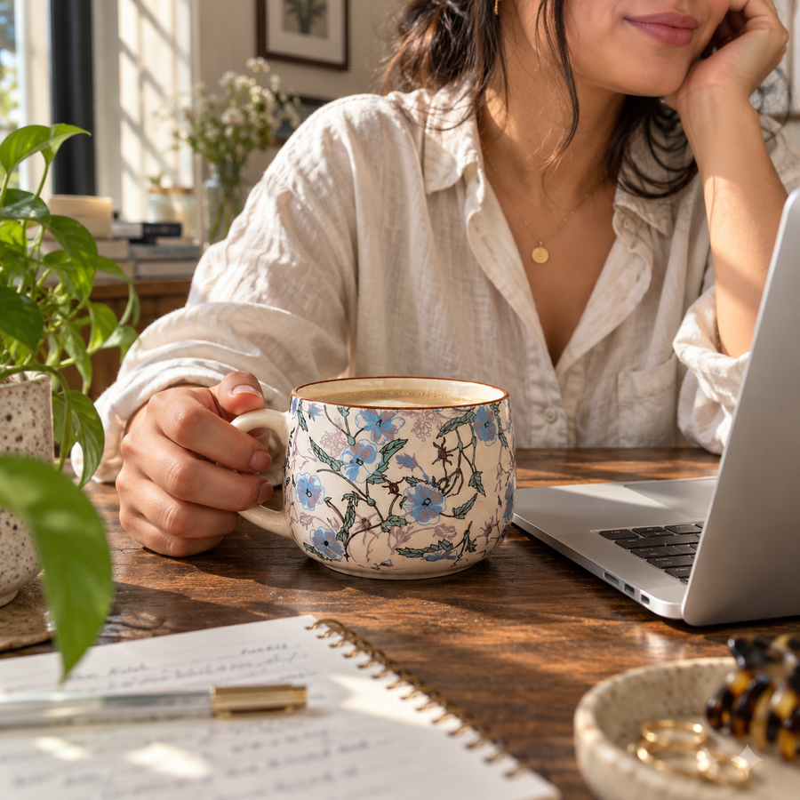 AI-generated editorial lifestyle image showing working from home with a Bloom Mug. community moment