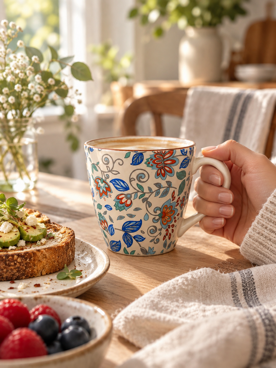 AI-generated editorial lifestyle image showing Saaj Floral Breeze mug in use at a sunlit breakfast table. community moment