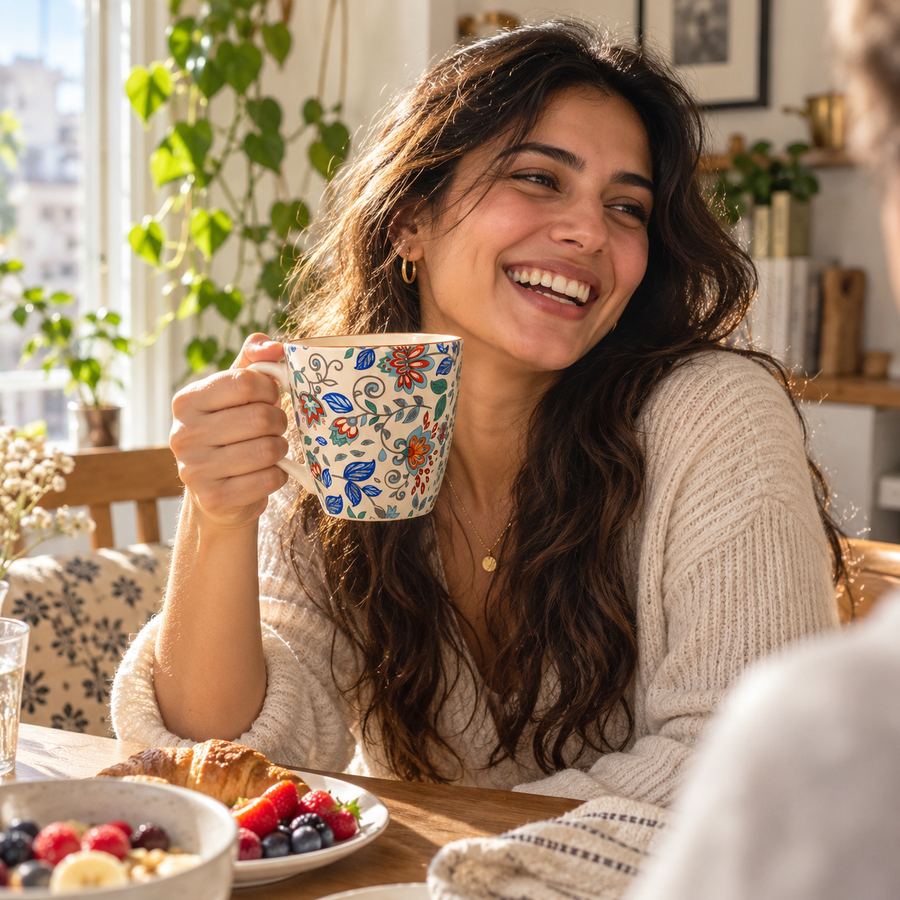 AI-generated editorial lifestyle image showing Floral Breeze Mug at breakfast. community moment