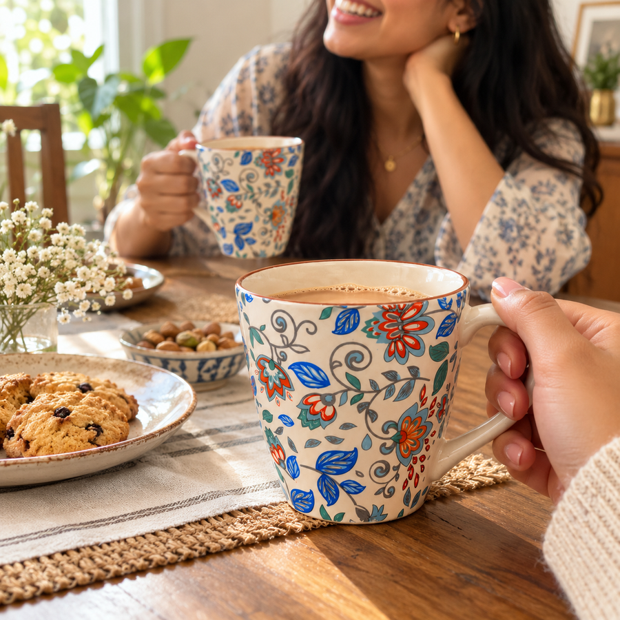 AI-generated editorial lifestyle image showing friends sharing tea in Floral Breeze Mugs. community moment