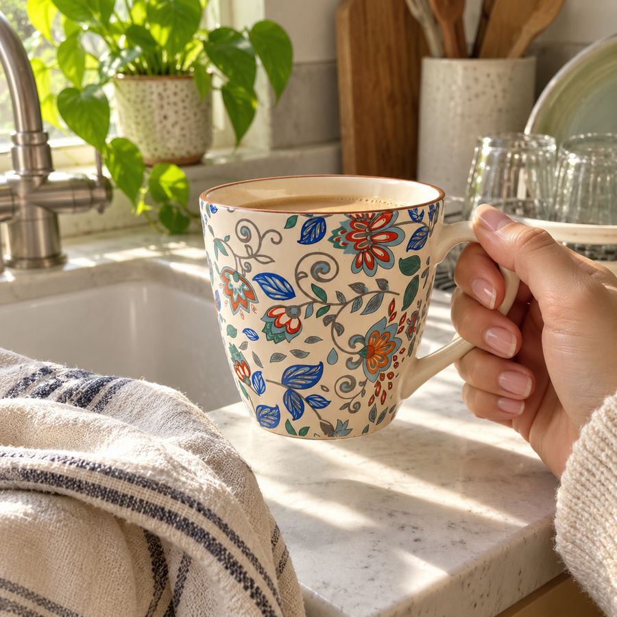 AI-generated editorial lifestyle image showing Floral Breeze Mug in a home kitchen moment. community moment