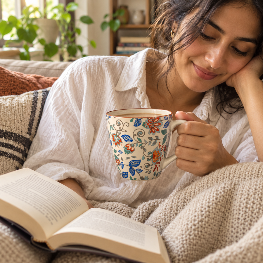 AI-generated editorial lifestyle image showing Floral Breeze Mug beside a sofa reading moment. community moment