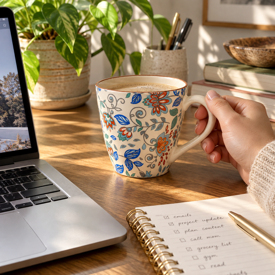 AI-generated editorial lifestyle image showing Floral Breeze Mug on a work desk. community moment