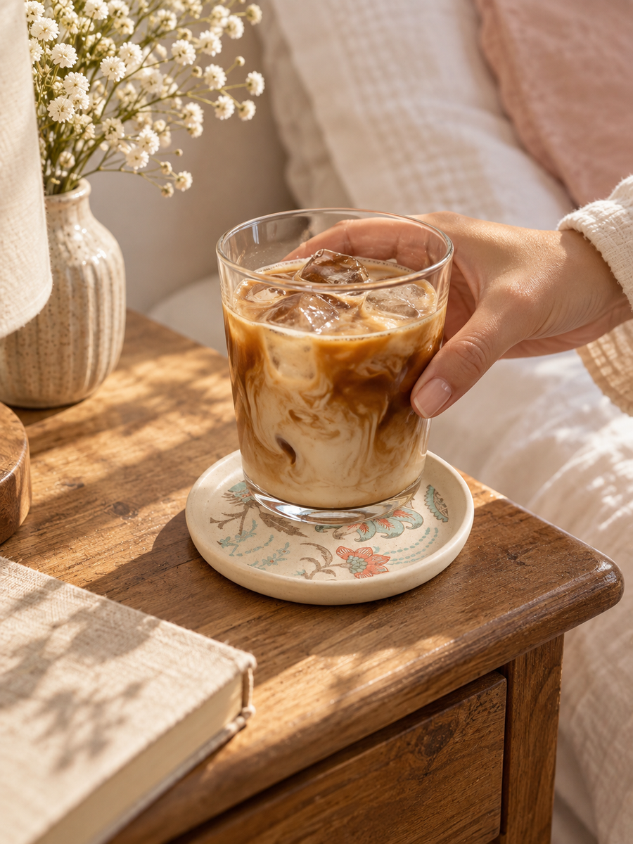 AI-generated editorial lifestyle image showing Saaj Petal Whispers coaster under an iced coffee. community moment