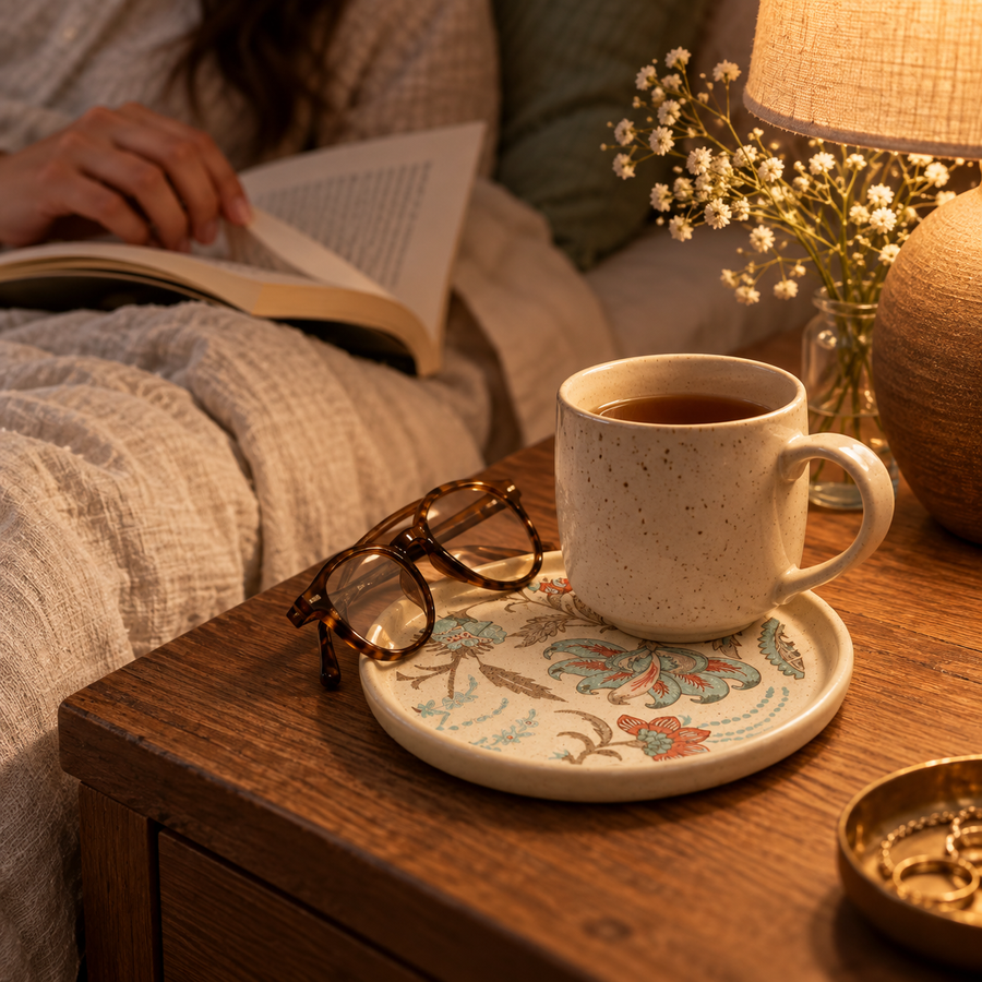 AI-generated editorial lifestyle image showing bedside tea on a Petal Whispers Coaster. community moment
