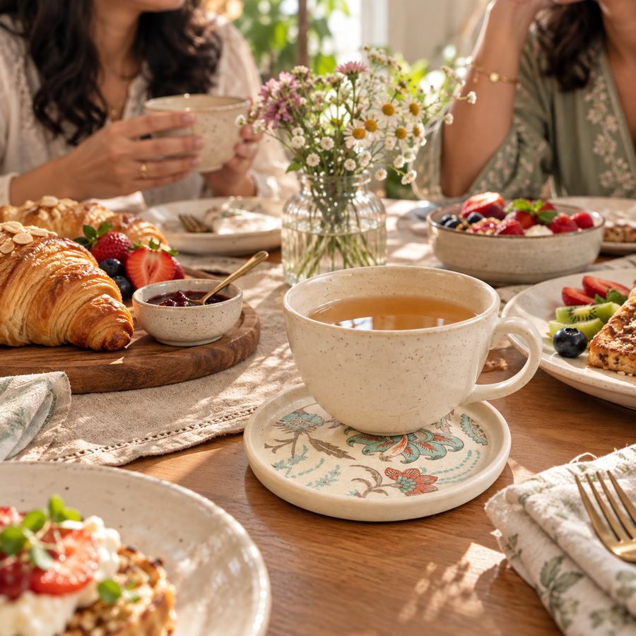 AI-generated editorial lifestyle image showing a breakfast table with Petal Whispers Coasters. community moment