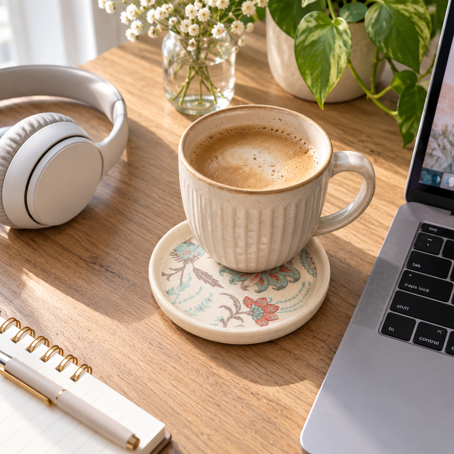 AI-generated editorial lifestyle image showing coffee on a home desk with a Petal Whispers Coaster. community moment