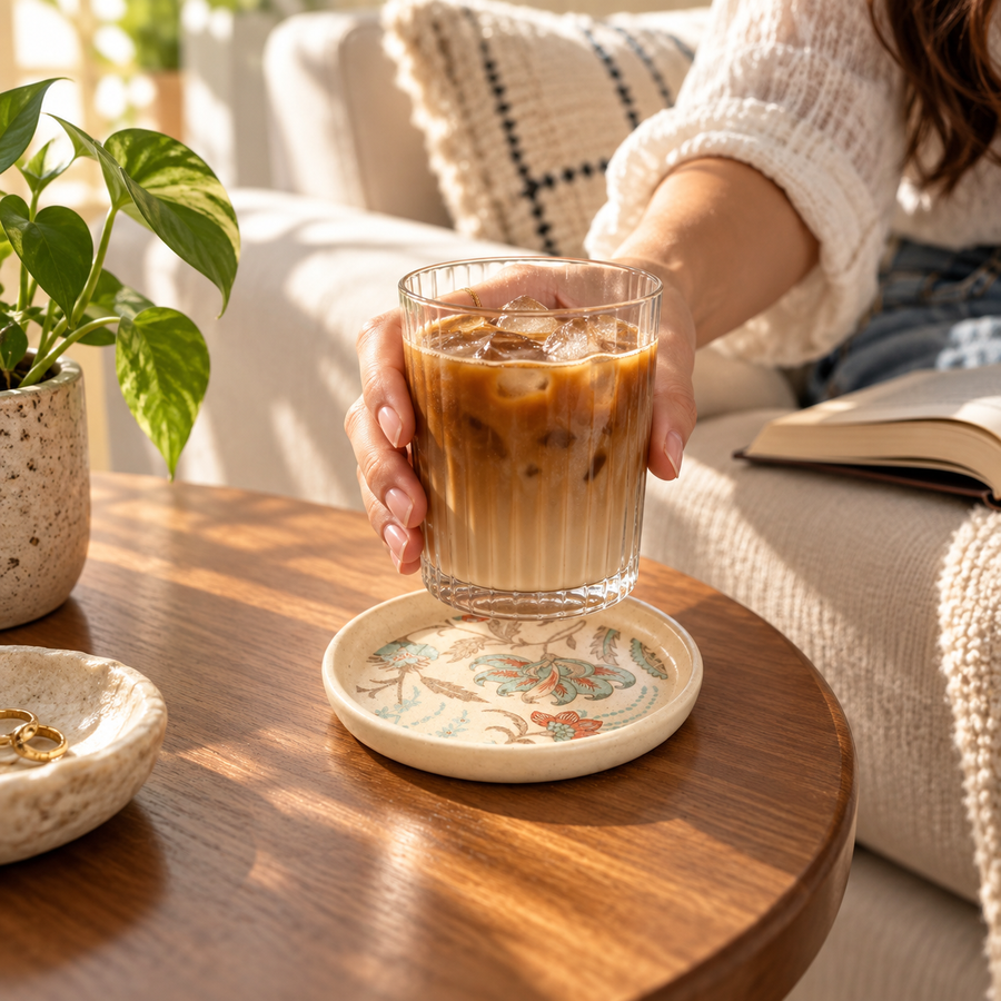 AI-generated editorial lifestyle image showing iced coffee on a Petal Whispers Coaster. community moment