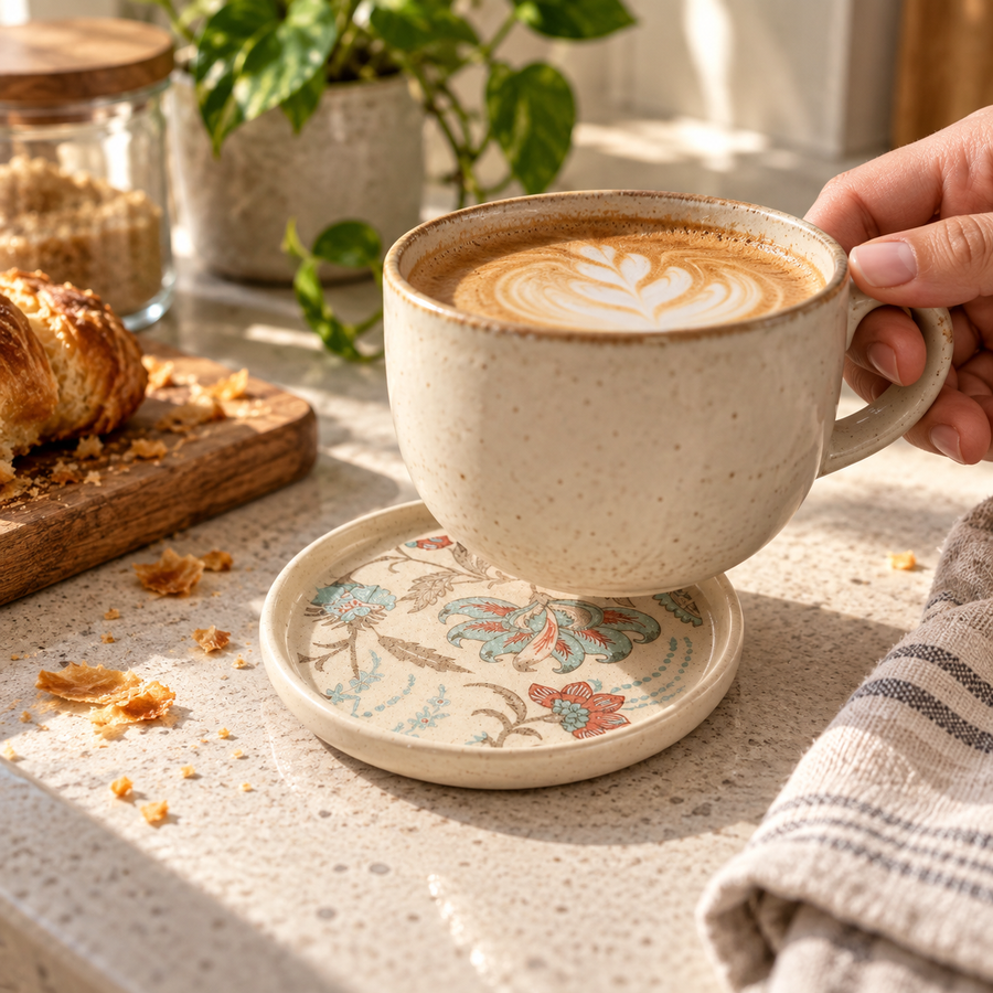 AI-generated editorial lifestyle image showing morning coffee on a Petal Whispers Coaster. community moment
