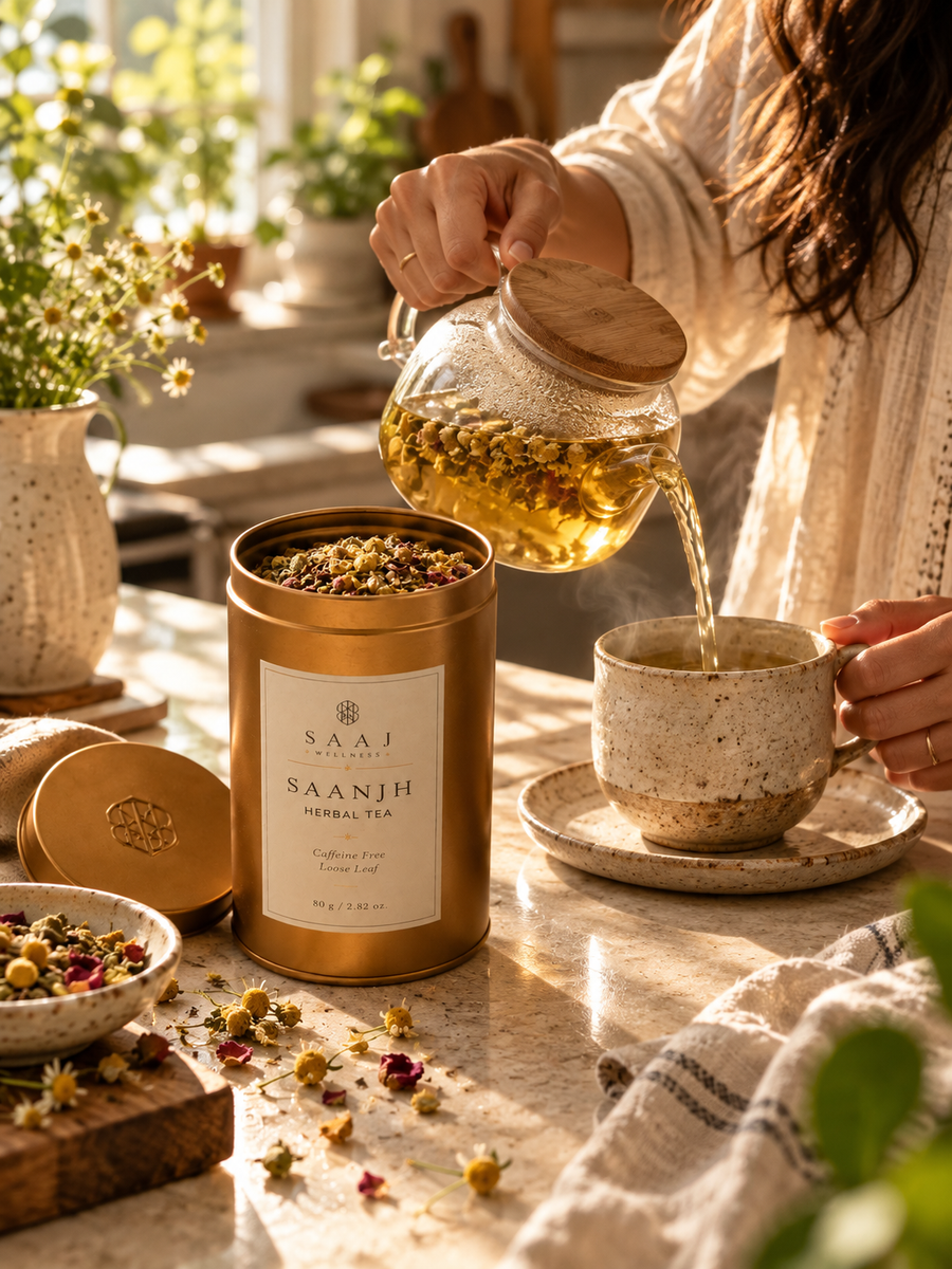 AI-generated editorial lifestyle image showing Saaj Saanjh tea tin and a freshly poured cup in a sunlit home kitchen. community moment