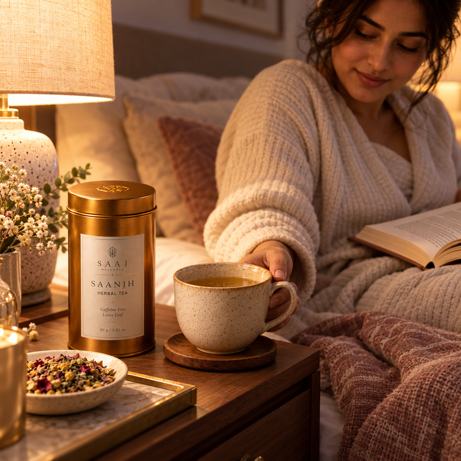 AI-generated editorial lifestyle image showing a bedside tea ritual. community moment