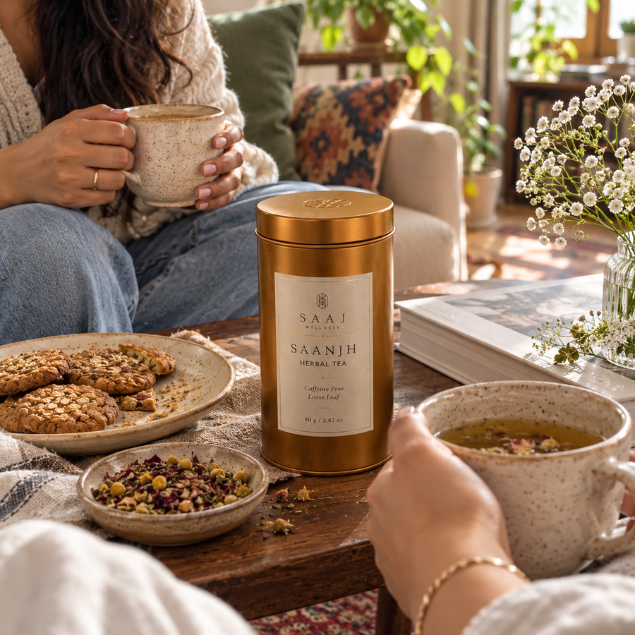 AI-generated editorial lifestyle image showing friends sharing Saanjh Tea. community moment