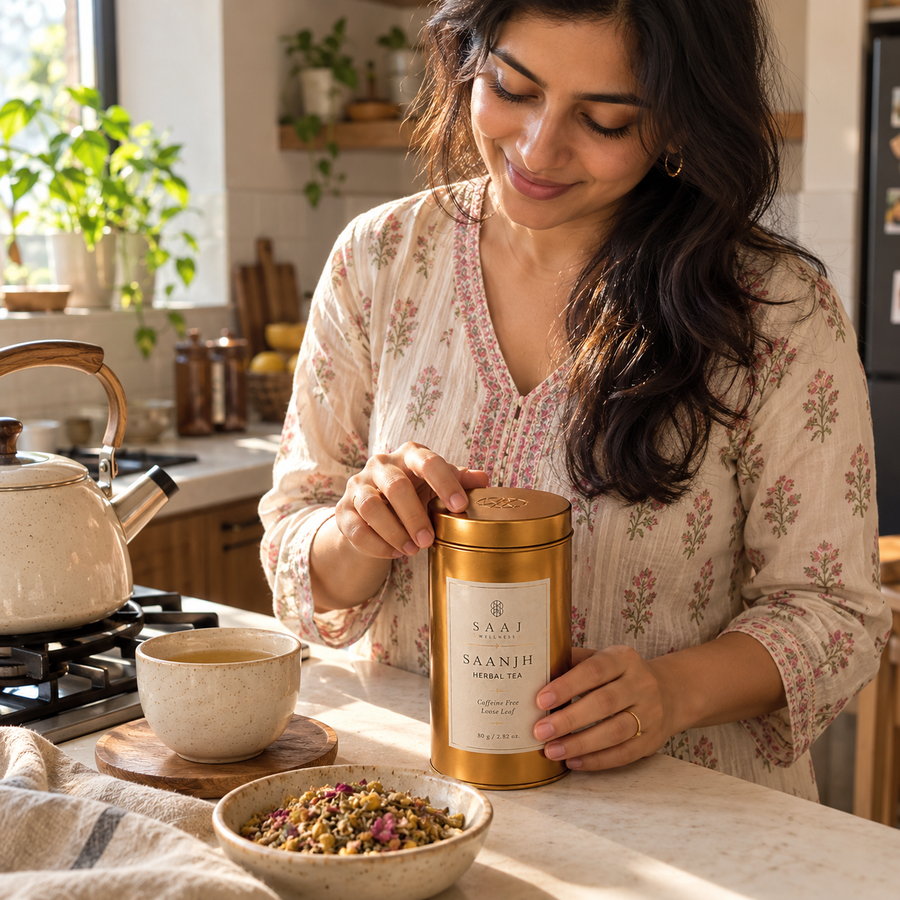 AI-generated editorial lifestyle image of Saaj Saanjh Tea in a home kitchen. community moment
