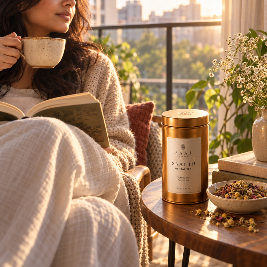 AI-generated editorial lifestyle image showing a quiet reading moment with Saanjh Tea. community moment