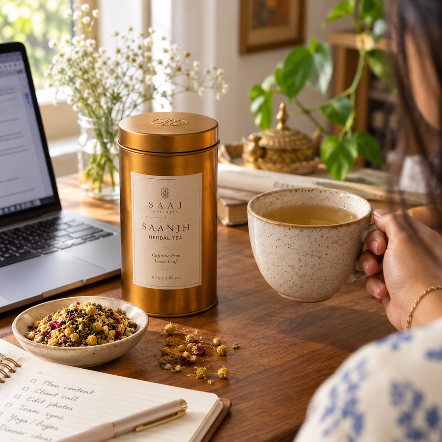 AI-generated editorial lifestyle image showing a home work break with Saanjh Tea. community moment