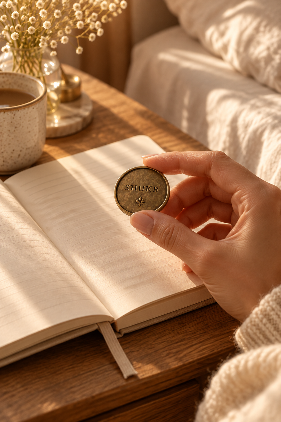 AI-generated editorial lifestyle image showing Saaj Shukr intention coin held above a gratitude journal. community moment