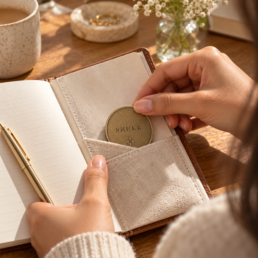 AI-generated editorial lifestyle image showing a gratitude journal ritual with the Shukr Coin. community moment