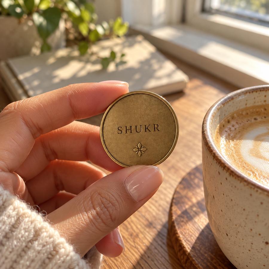 AI-generated editorial lifestyle image showing the Shukr Coin resting in a hand in morning light. community moment