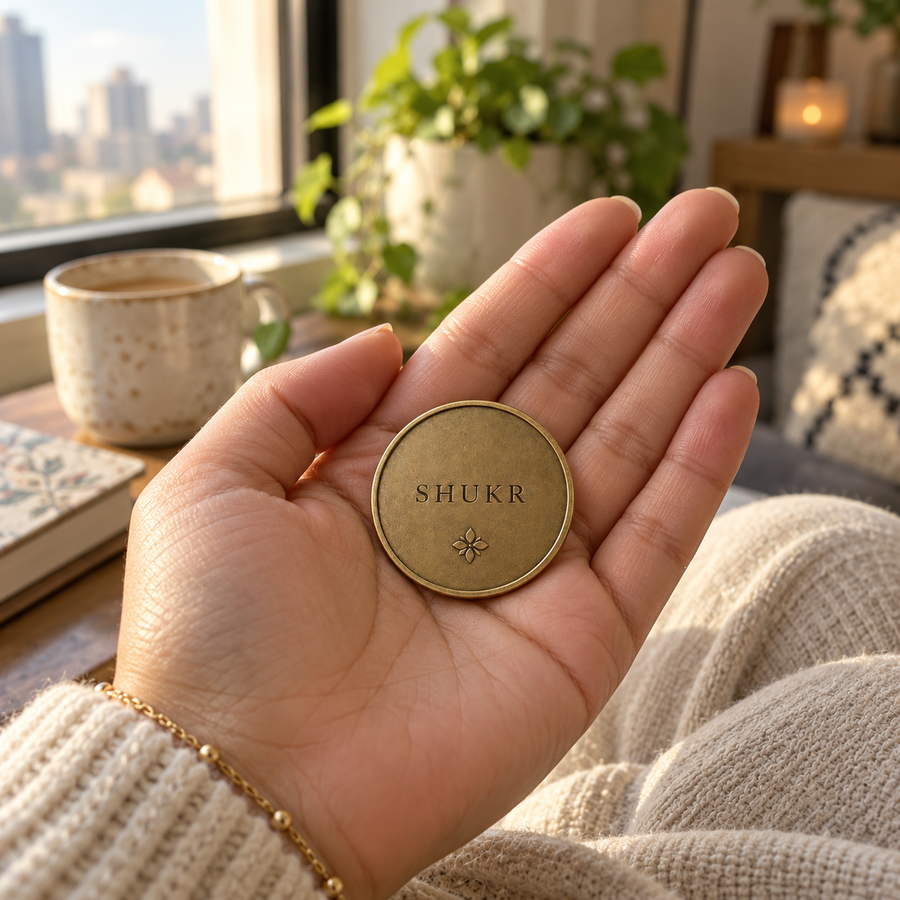 AI-generated editorial lifestyle image showing the Shukr Coin beside a window in soft light. community moment